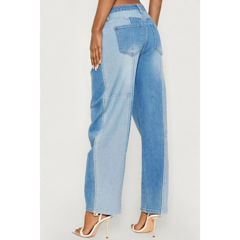 fashion nova valencia‎ two tone blue barrel leg patchwork jeans